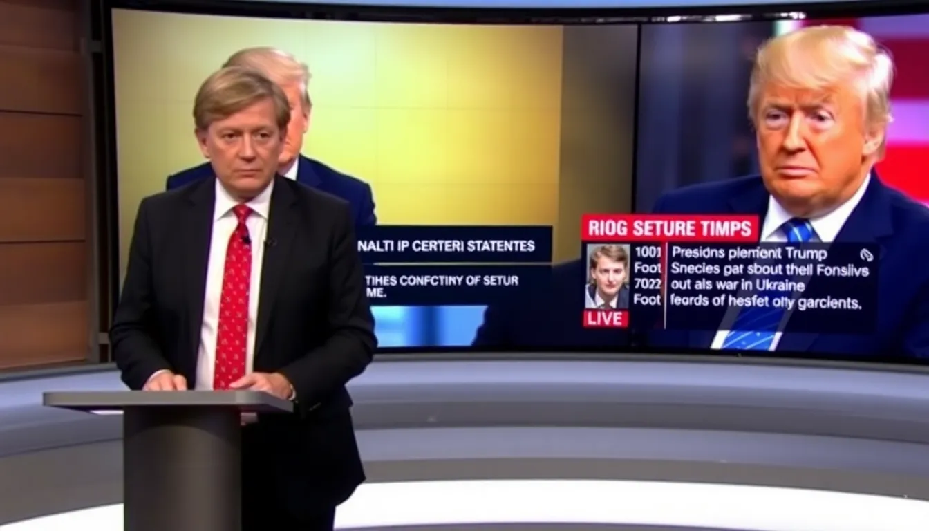 Ros Atkins stands at a podium during a news segment, discussing former President Donald Trump's conflicting statements about the war in Ukraine, with a backdrop of a large screen displaying relevant graphics and headlines.