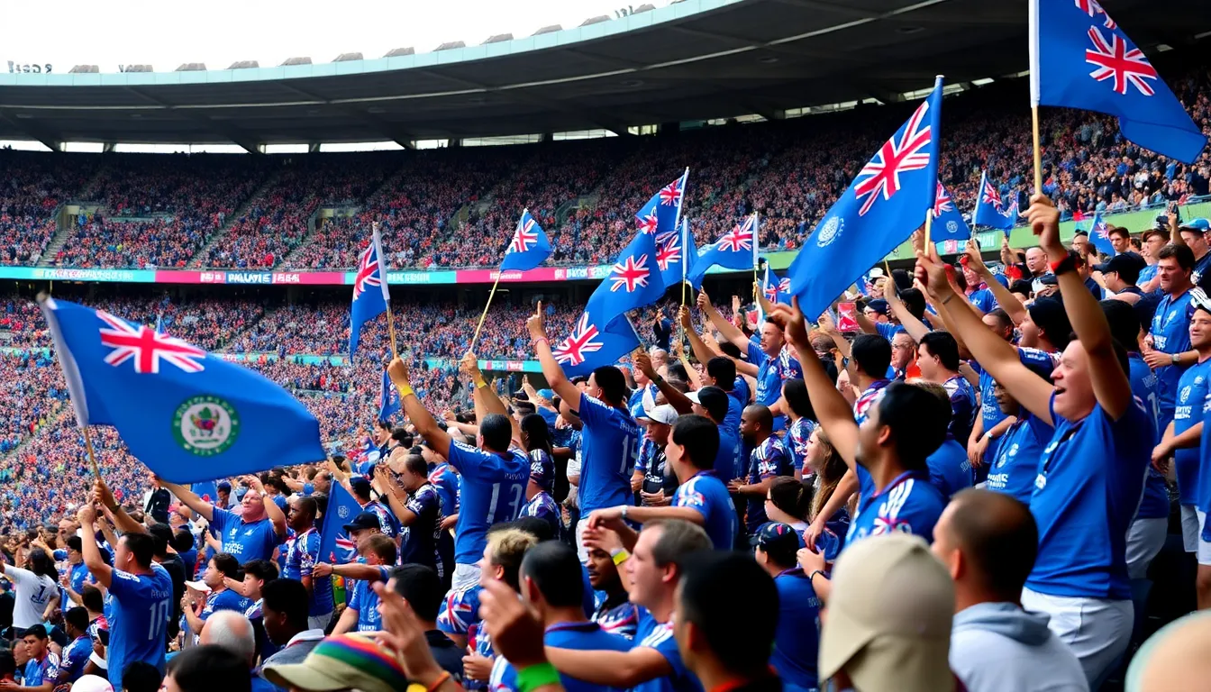 Fijian rugby fans cheer passionately in a packed stadium, waving flags and wearing team colors during a crucial match in the 2023 Rugby World Cup.