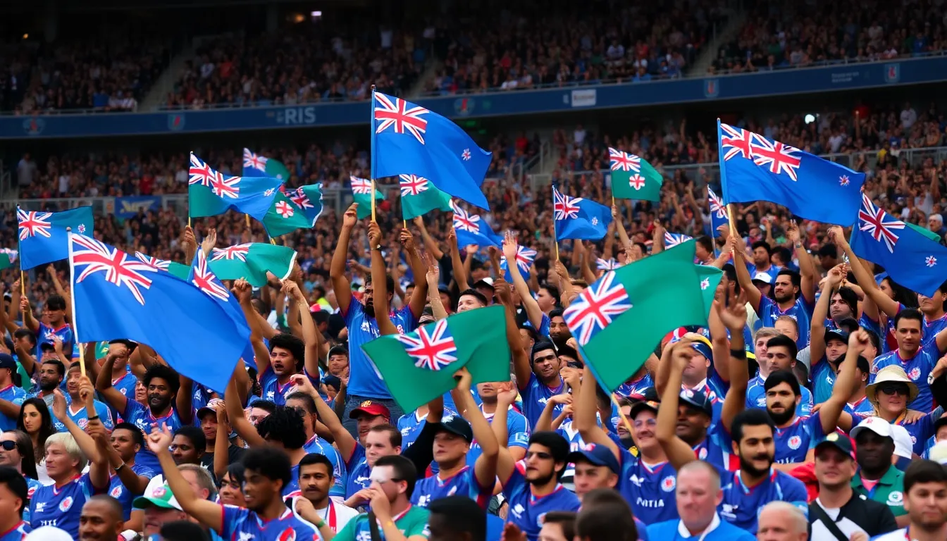Fans passionately cheering in the stands during the annual Pacific Nations Cup, embodying the community's deep connection to rugby