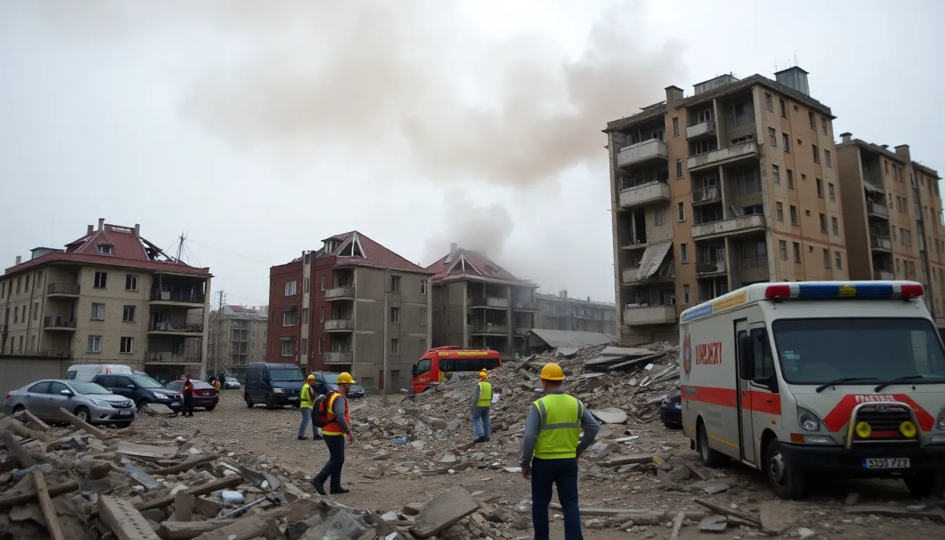 Smoke rises from damaged buildings in Kharkiv as emergency services respond to the aftermath of recent missile strikes.