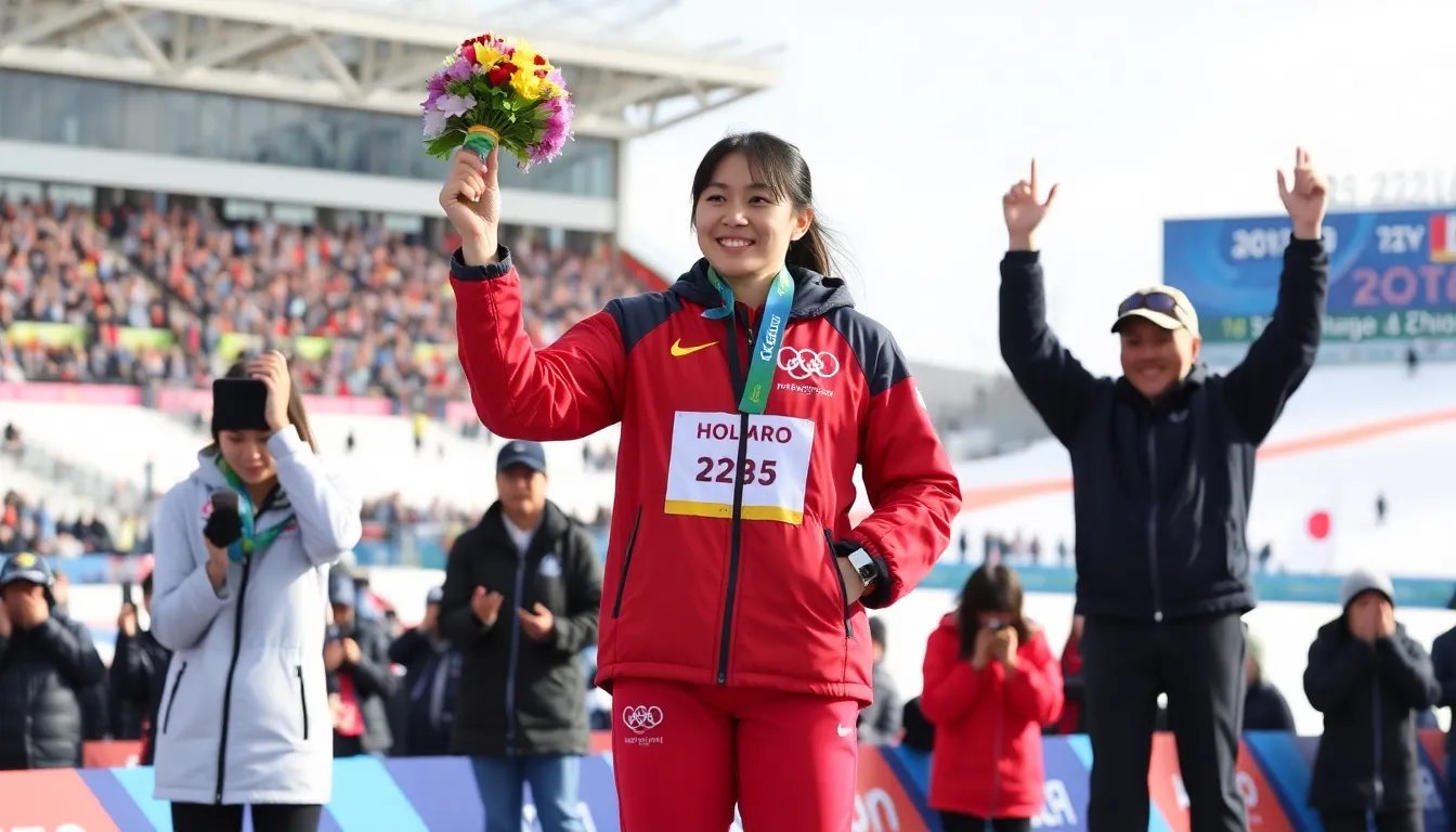 Kaori Sakamoto celebrates her fourth world championship title with a gold medal at the World Figure Skating Championships in Saitama, Japan, surrounded by cheering fans and fellow competitors.