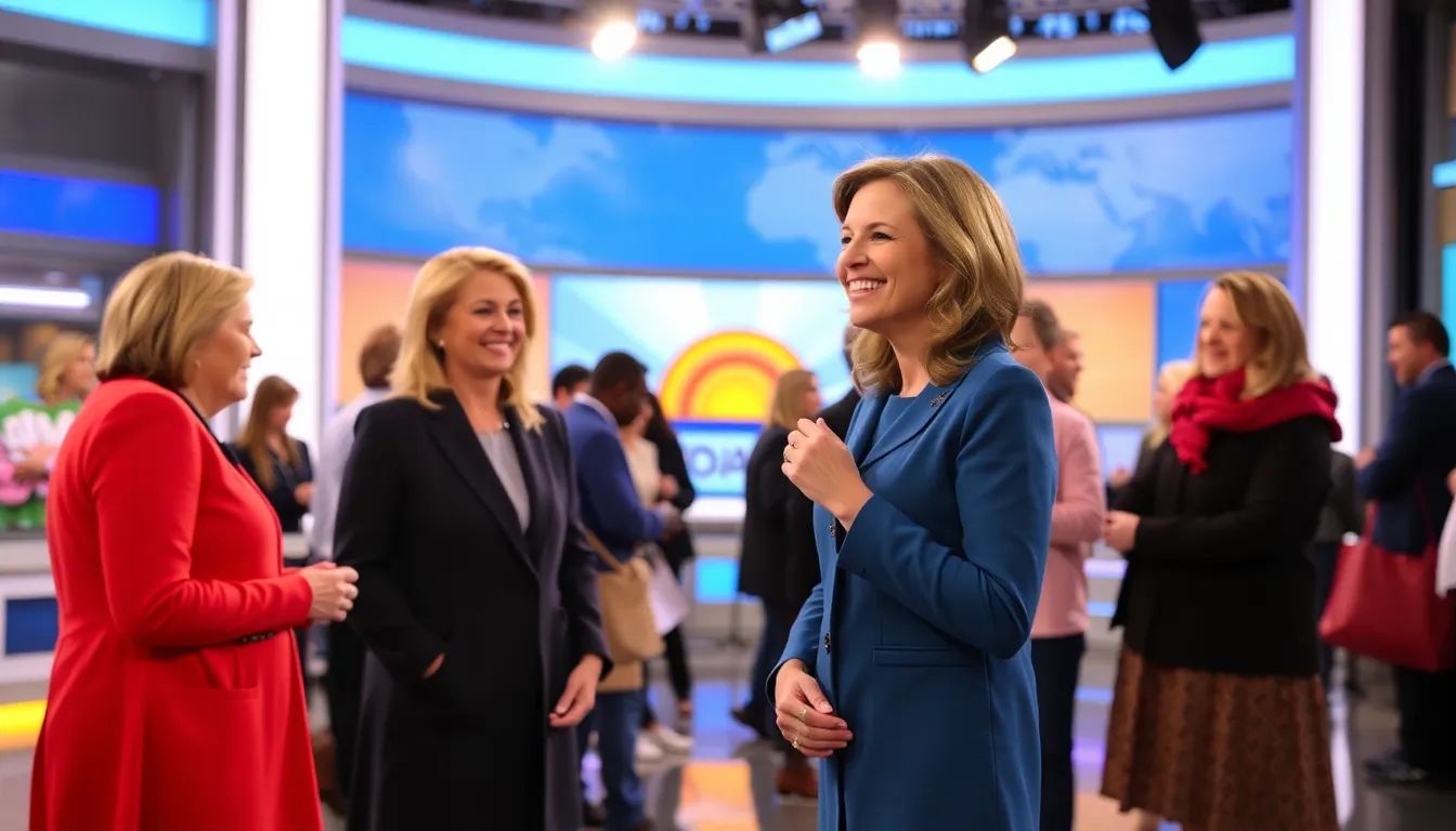 Savannah Guthrie stands on the set of the Today show, smiling as she greets her colleagues and prepares to resume her role amid the ongoing search for her missing mother.