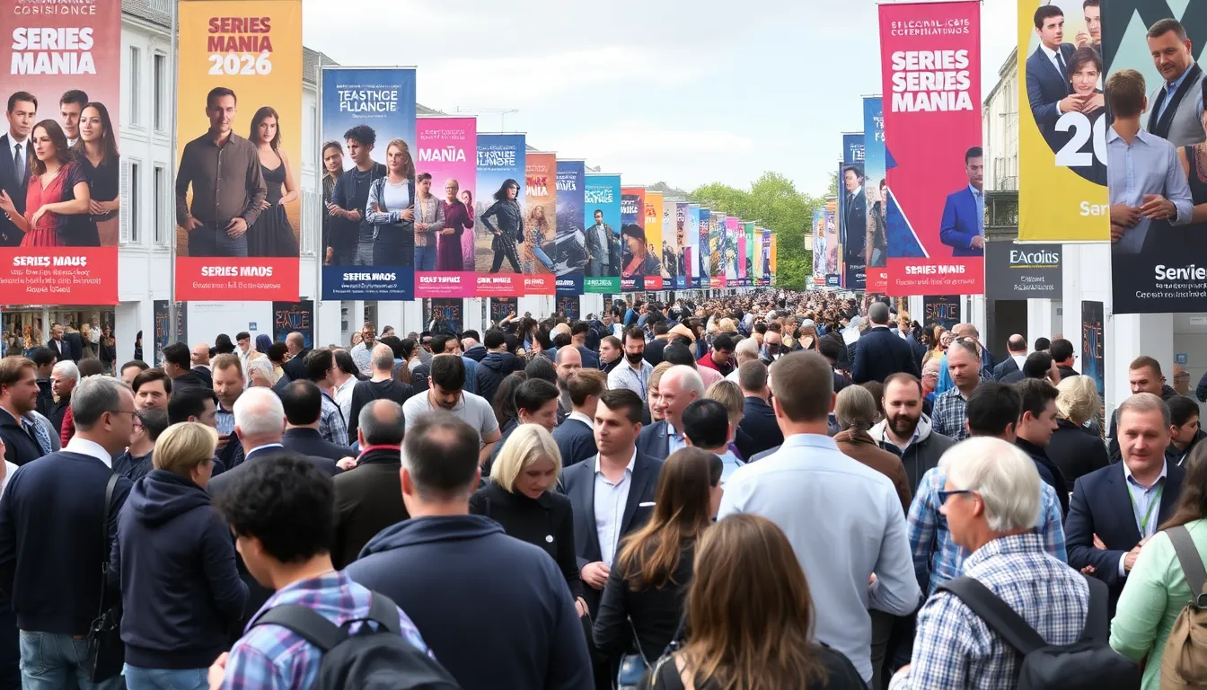 a bustling crowd of industry professionals engaging in discussions and networking at the Series Mania 2026 festival in Lille, France, surrounded by promotional banners for various television series.