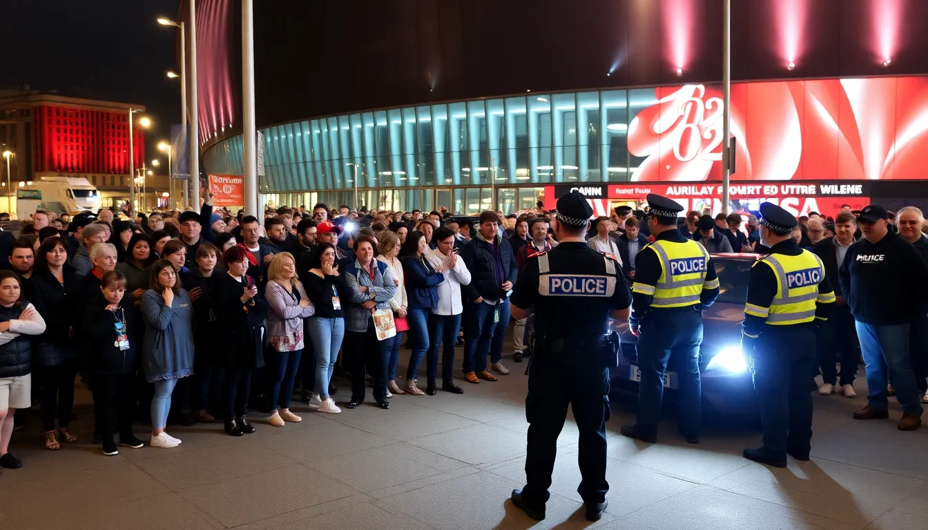 A large crowd gathers outside the O2 Arena in London, where police are responding to reports of a sexual assault incident during Gunna's concert.