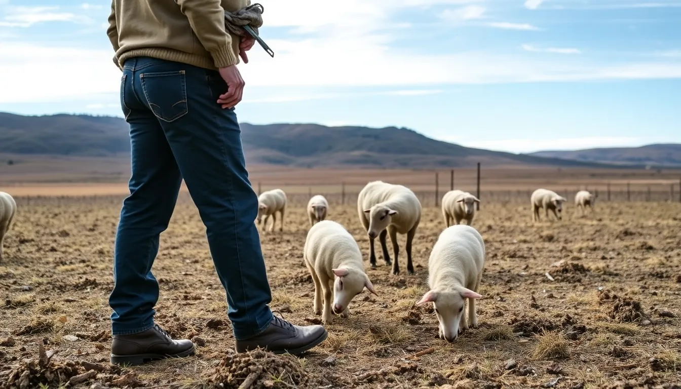 A farmer stands in a barren field, examining a small flock of sheep grazing on sparse grass, highlighting the challenges faced by the sheep farming industry due to declining populations and rising costs.
