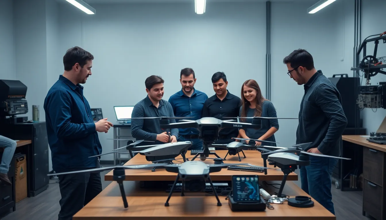 A group of engineers at Shield AI collaborates on advanced military drone technology in a hightech lab, showcasing the company's commitment to innovation following a recent  billion funding success.