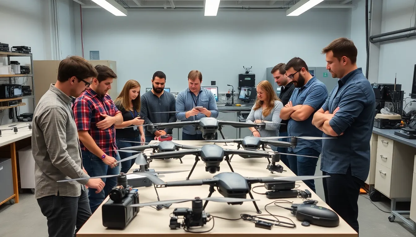 A group of military personnel observing drone operations, highlighting the integration of advanced technology in modern combat scenarios