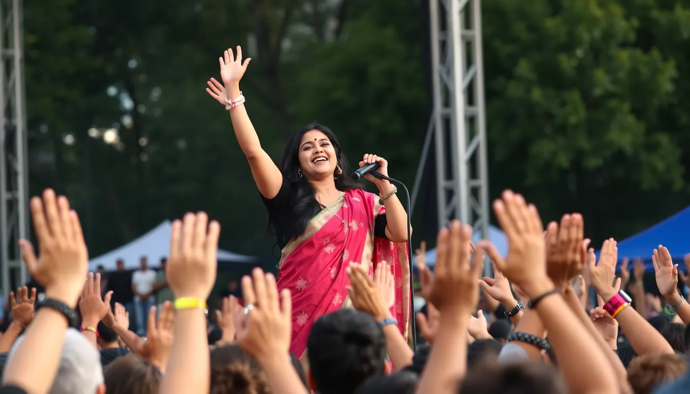 Shreya Ghoshal performs passionately on stage during her 'All Hearts' tour, surrounded by an enthusiastic crowd waving their hands in appreciation.