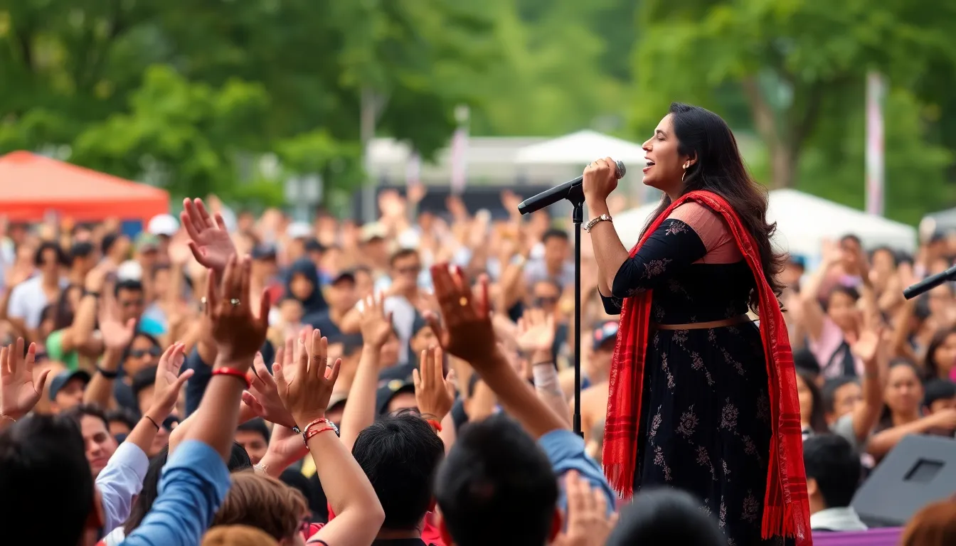 A closeup of Shreya Ghoshal passionately singing into the microphone, surrounded by an enthusiastic crowd immersed in the concert experience