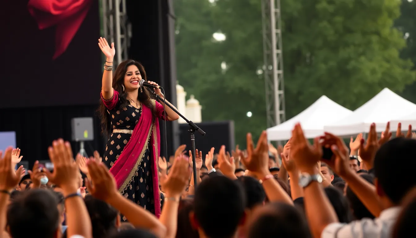 Fans cheering and waving their hands in excitement at one of Ghoshal's concerts, reflecting the vibrant energy of the live performances