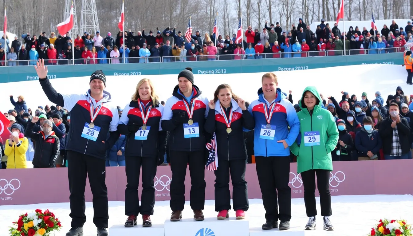 The Von Trapp family celebrates on the podium after winning multiple medals at the Paralympics in Pyeongchang, surrounded by cheering fans and fellow athletes.