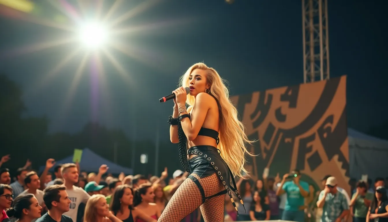 Slayyyter performs on stage at a vibrant music festival, captivating the audience with her energetic presence and unique style.