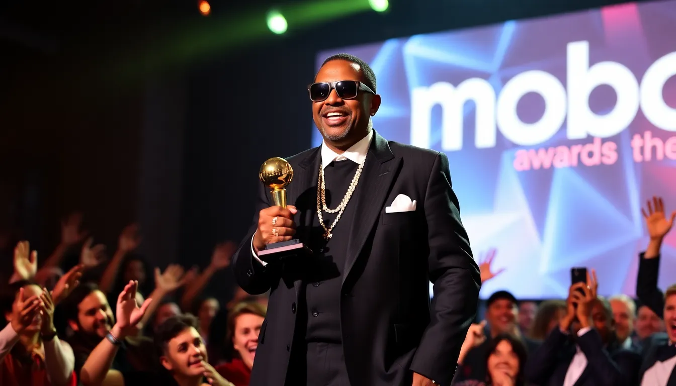 Slick Rick stands on stage at the Mobo Awards in London, proudly holding his honor while surrounded by fans and fellow artists celebrating his contributions to hiphop.