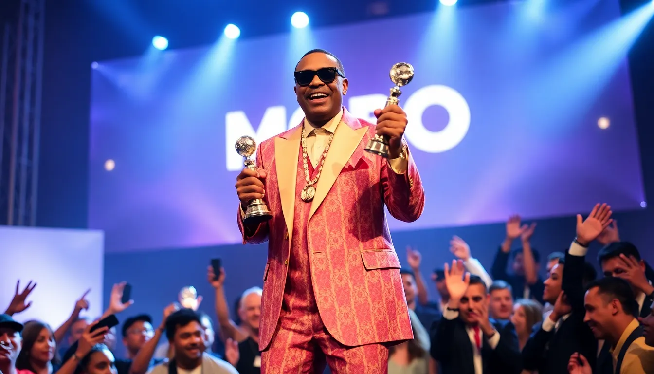 A moment of Slick Rick receiving his MOBO Award, symbolizing his influential contributions to music and the celebration of black artistry
