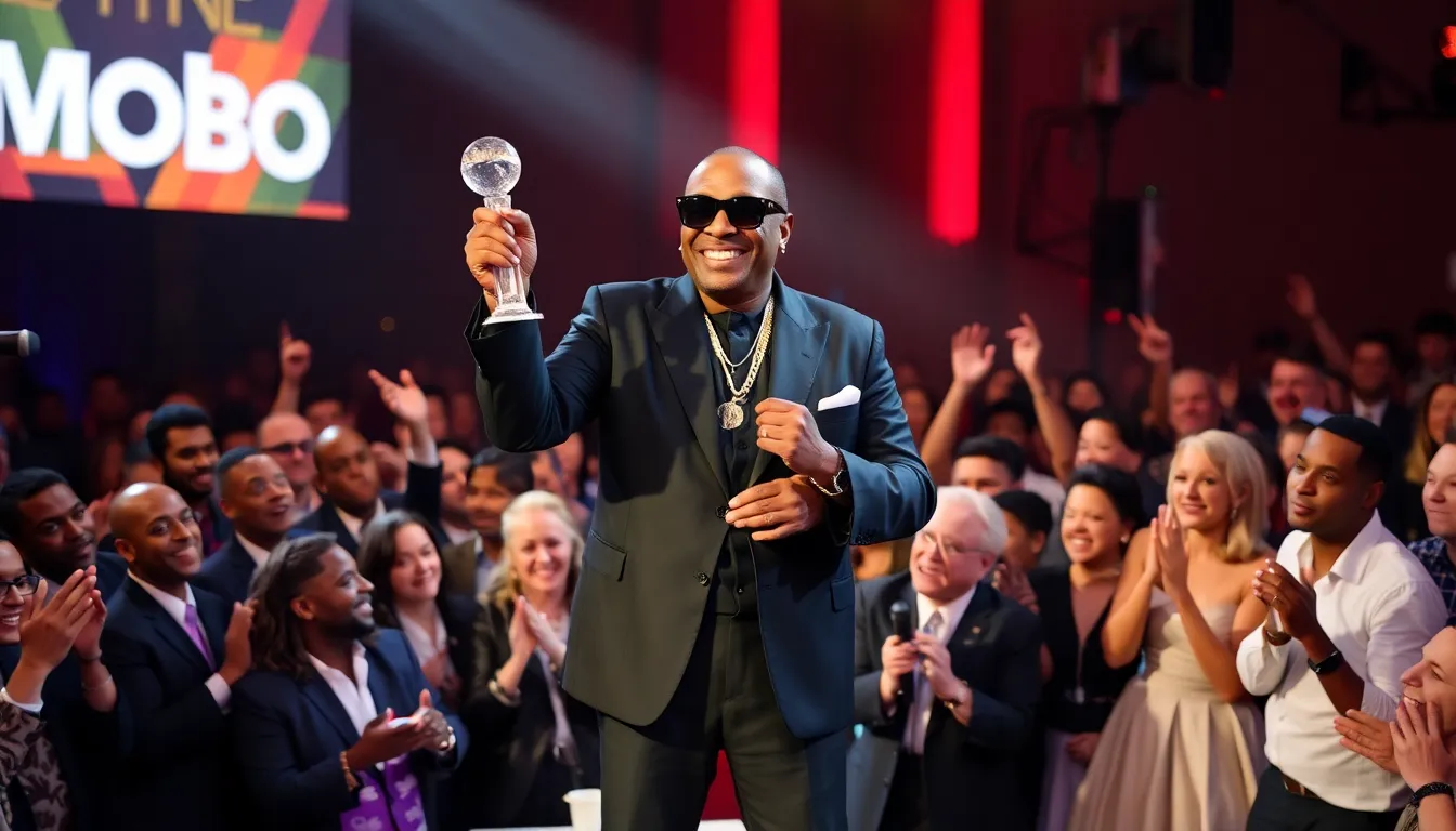 A nostalgic scene depicting the vibrant atmosphere of a hiphop event, where Slick Rick's legacy inspires both established artists and newcomers alike
