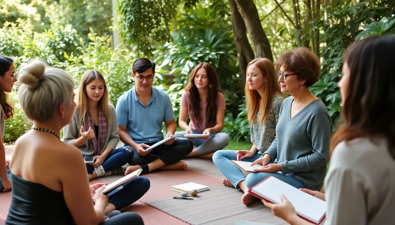 a group of people participating in a slow living workshop, engaging in mindfulness activities such as meditation and journaling in a serene outdoor setting surrounded by nature