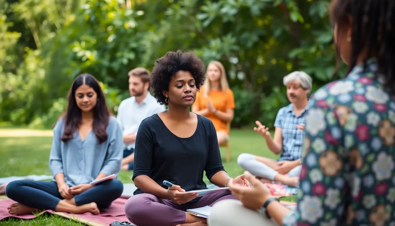A serene retreat setting showcases individuals engaged in mindfulness practices, reflecting the growing interest in slow living during the COVID19 pandemic