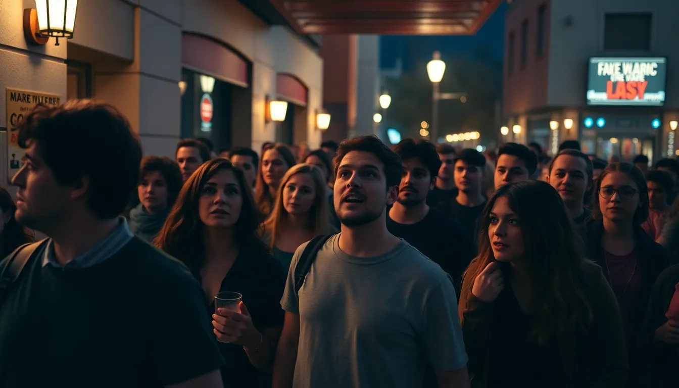 A crowd of anxious moviegoers leaves a theater, visibly shaken and discussing their intense reactions to the horror film they just watched.