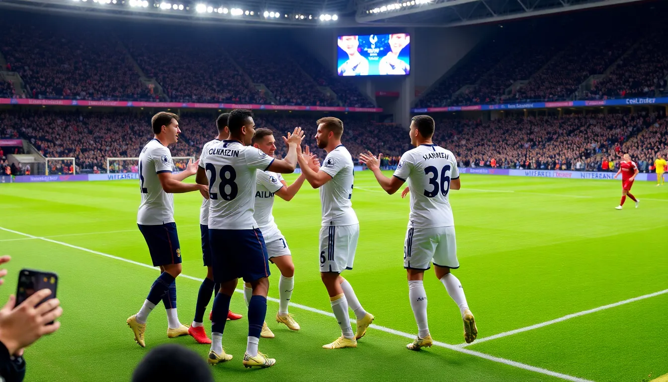 Tottenham Hotspur players celebrate a goal during their 21 victory over Liverpool at the Tottenham Hotspur Stadium, highlighting their effective direct style of play.
