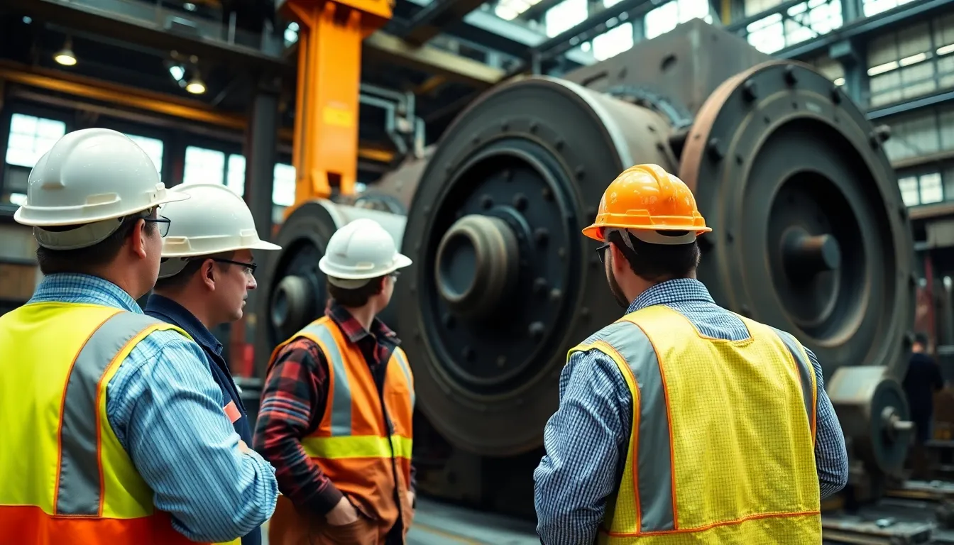 Workers in hard hats inspect machinery at a steelworks facility, highlighting the ongoing financial challenges faced by the industry amid rising operational costs.