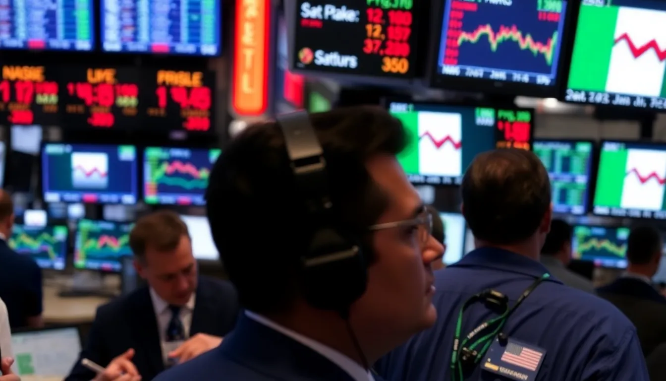 Traders observe screens displaying declining stock prices as concerns over the ongoing conflict in Iran lead to increased market volatility.