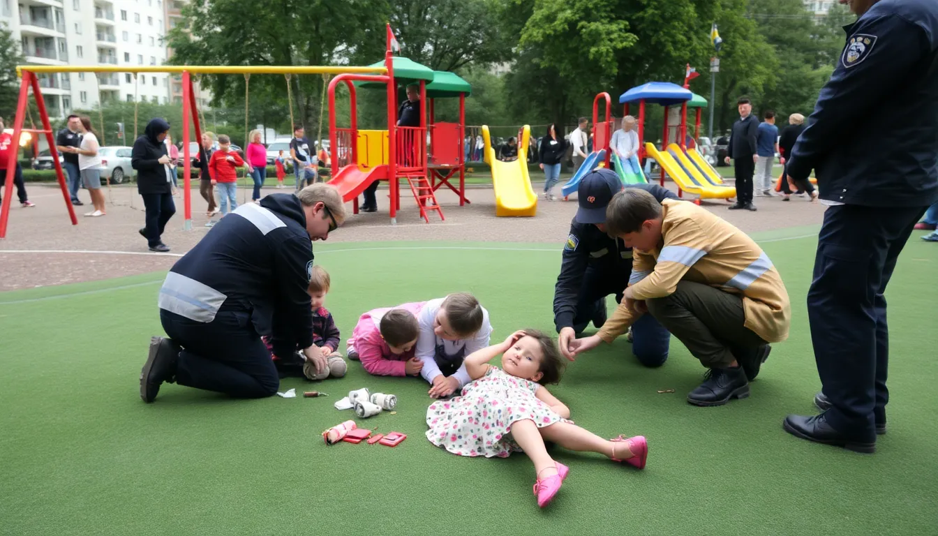 A group of children plays at a playground while emergency personnel attend to a young girl who has been injured by a stray bullet from a nearby military drill.