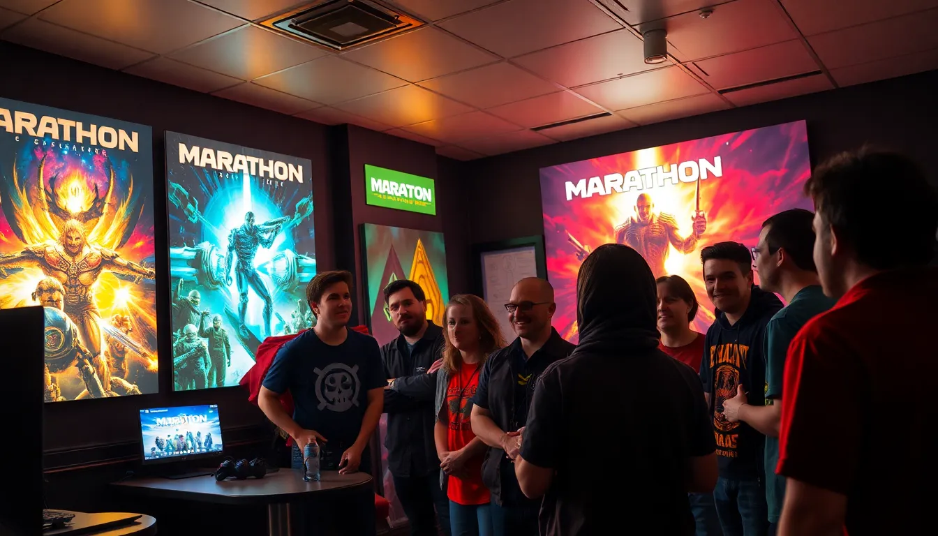 A group of gamers eagerly discusses the upcoming release of Marathon, surrounded by posters and merchandise from the franchise, highlighting the excitement within the gaming community.