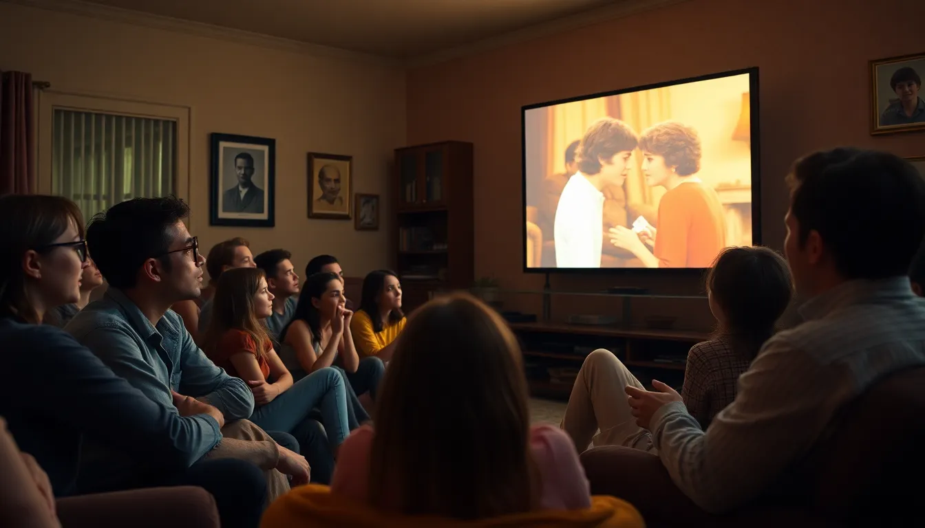 A crowded living room filled with young adults watching Love Story on a large television, their faces illuminated by the screen as they react emotionally to a pivotal scene.