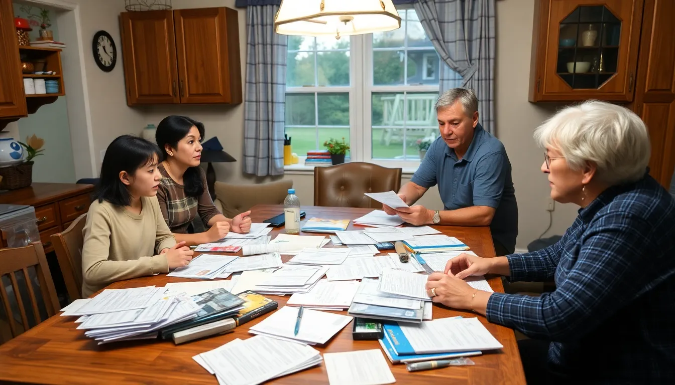 A family sits around a kitchen table, reviewing their energy bills with concerned expressions as they discuss the rising costs and available support options.