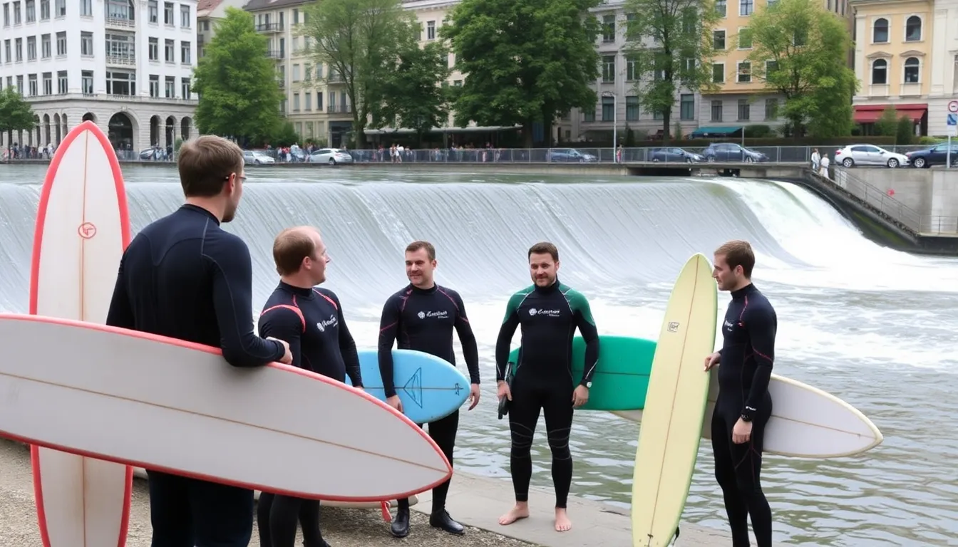 Surfers skillfully riding the iconic Eisbach wave, showcasing their talent and the unique urban surfing culture of Munich