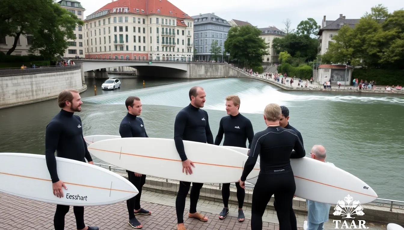A vibrant scene of spectators gathered along the banks of the Eisbach, watching surfers navigate the standing wave amidst the city backdrop