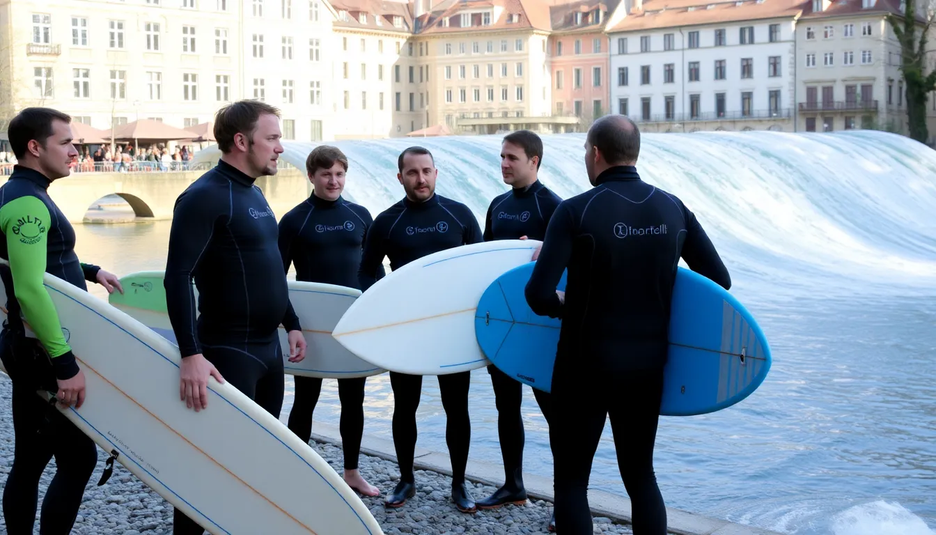 A local surf shop displaying equipment and merchandise, highlighting the thriving surf culture and its economic impact on the Munich community