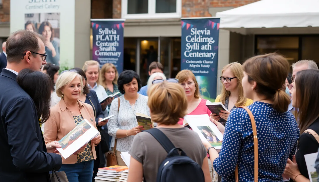 A group of people gathers at a literary event celebrating Sylvia Plath's centenary, engaging in discussions about her impact on modern feminism and mental health awareness.