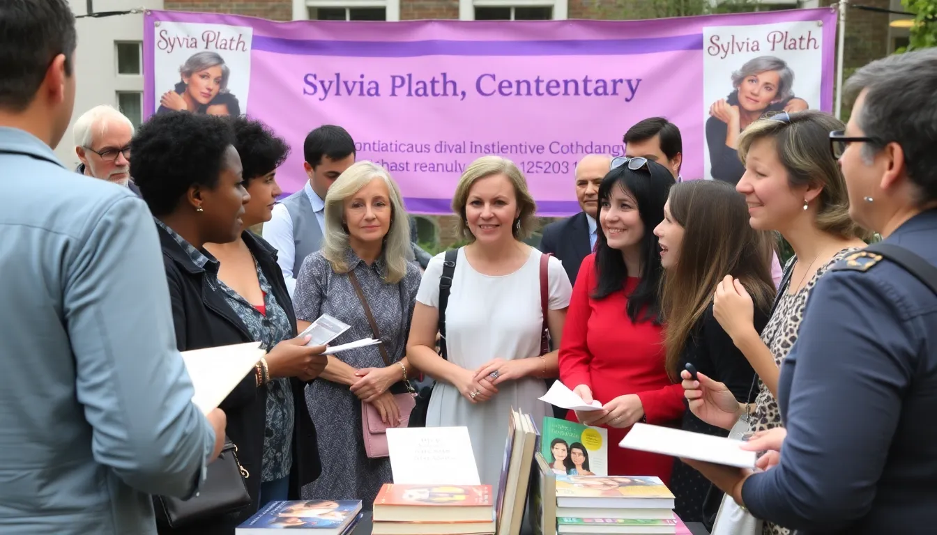 A vibrant book display featuring Sylvia Plath's works alongside modern feminist literature, illustrating the ongoing dialogue about women's rights
