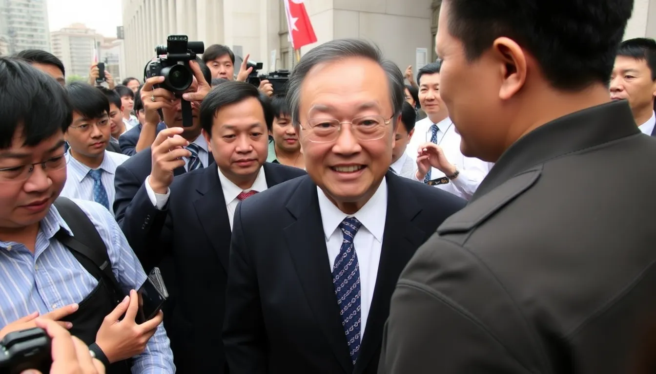 A crowd gathers outside the Taipei District Court, where former presidential candidate Chen Chihchung has been sentenced to 17 years in prison for corruption.