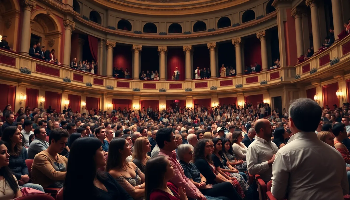 A diverse audience gathers at the Royal Opera House, eagerly awaiting the premiere of Tamerlano, which features a blend of classical music and modern themes.