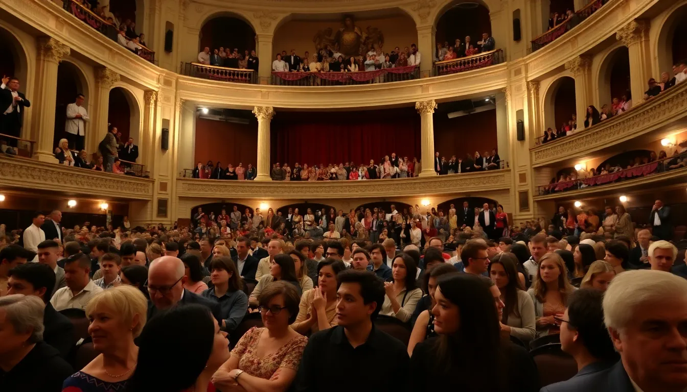 An audience immersed in the performance of Tamerlano, illustrating the blend of historical narratives and contemporary themes that resonate with viewers today