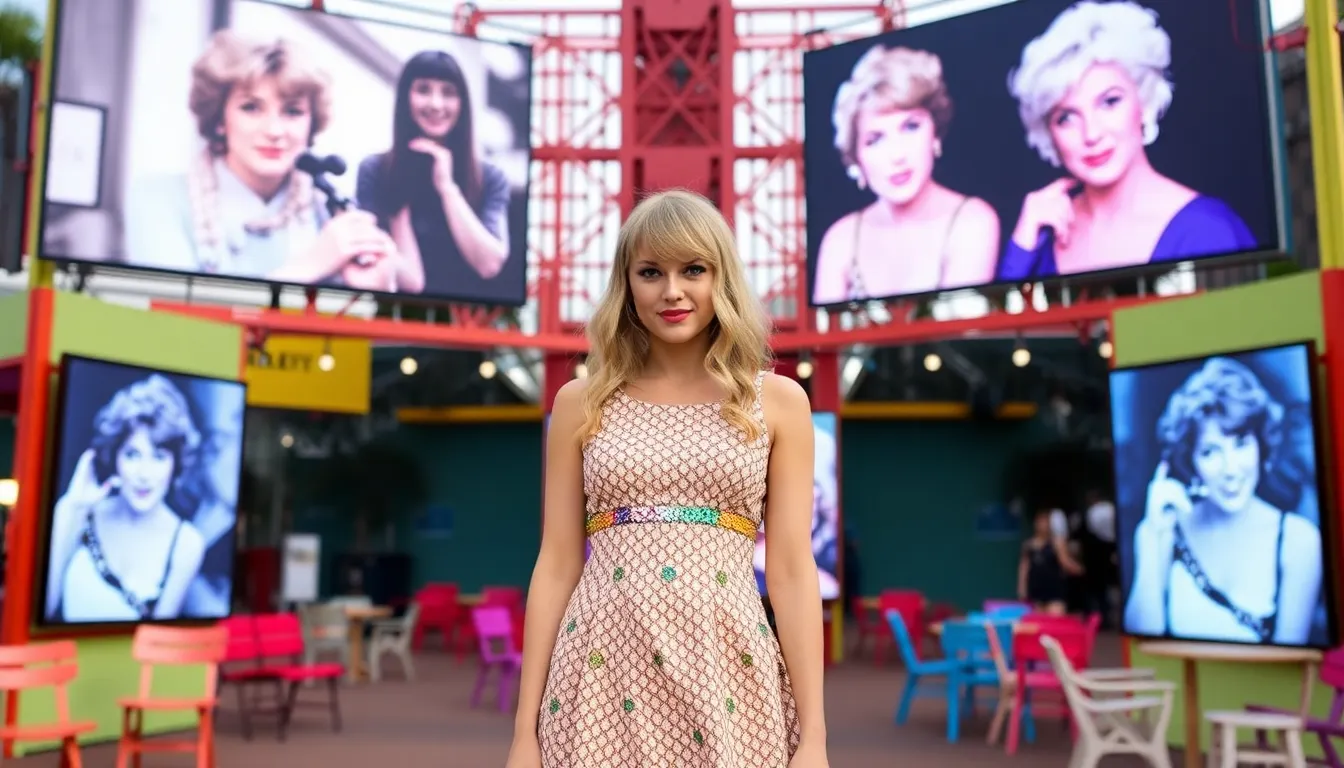 Taylor Swift stands in a vibrant setting while clips of Elizabeth Taylor's classic film performances play in the background, creating a striking visual tribute to the legendary actress.