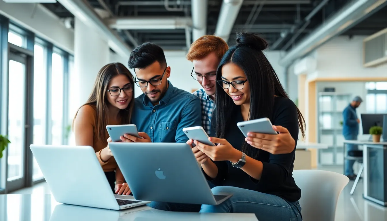 A group of tech workers collaborates at a modern office space, using laptops and digital devices to integrate artificial intelligence tools into their projects.