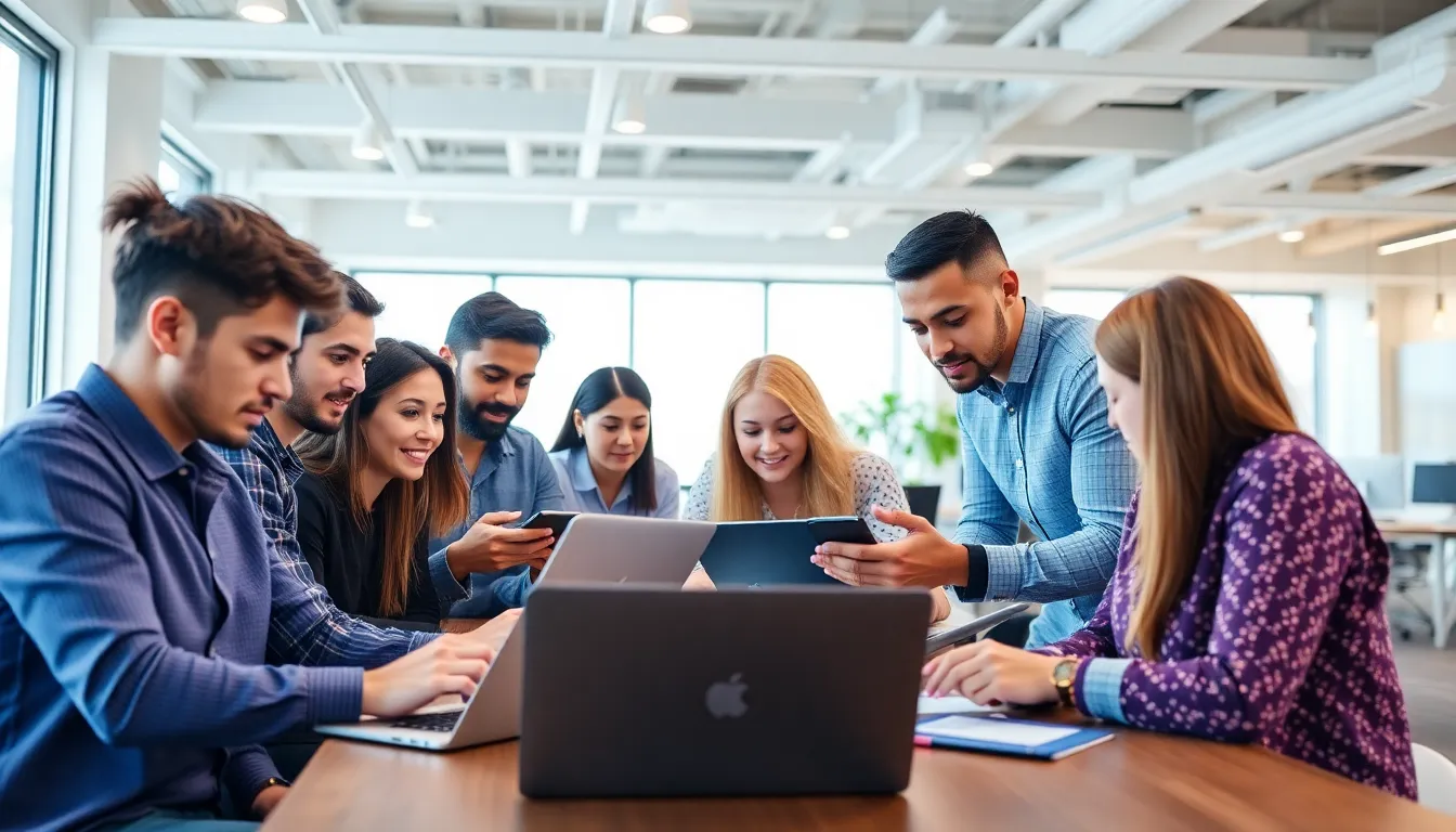 A diverse team of tech professionals participates in a training program, focusing on upskilling to meet the demands of an AIdriven job market
