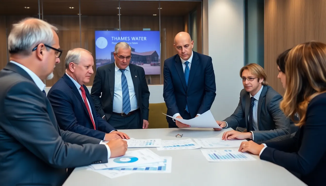 A group of financial executives discusses a rescue plan for Thames Water in a conference room, highlighting the urgency of addressing the company's financial crisis.