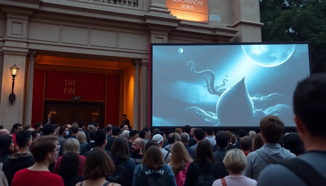 A crowd gathers outside a theater at the Locarno Film Festival, eagerly awaiting the premiere of Park Syeyoung's dystopian scifi film The Fin.