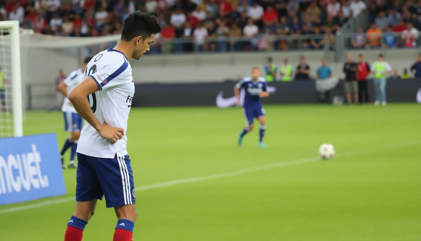 Thiago stands on a football pitch, focused and determined, as he prepares to take a shot during a semiprofessional match, embodying the resilience he has developed through years of rejection and hardship.