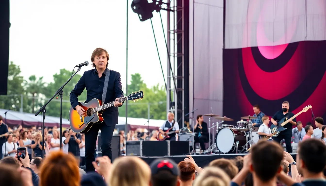 Paul McCartney performs on stage with a live band, captivating the audience with his classic hits during a recent concert.