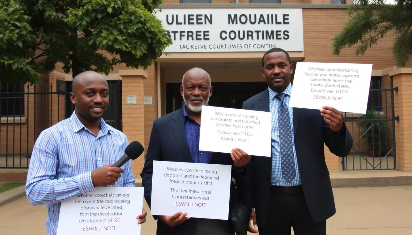 A protest scene outside the Eswatini embassy, where advocates rally for human rights and justice for deportees