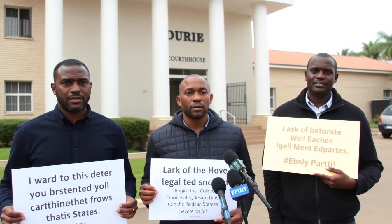 Three men stand outside a courthouse in Eswatini, holding placards and speaking to reporters about their legal case challenging their detention following deportation from the United States.