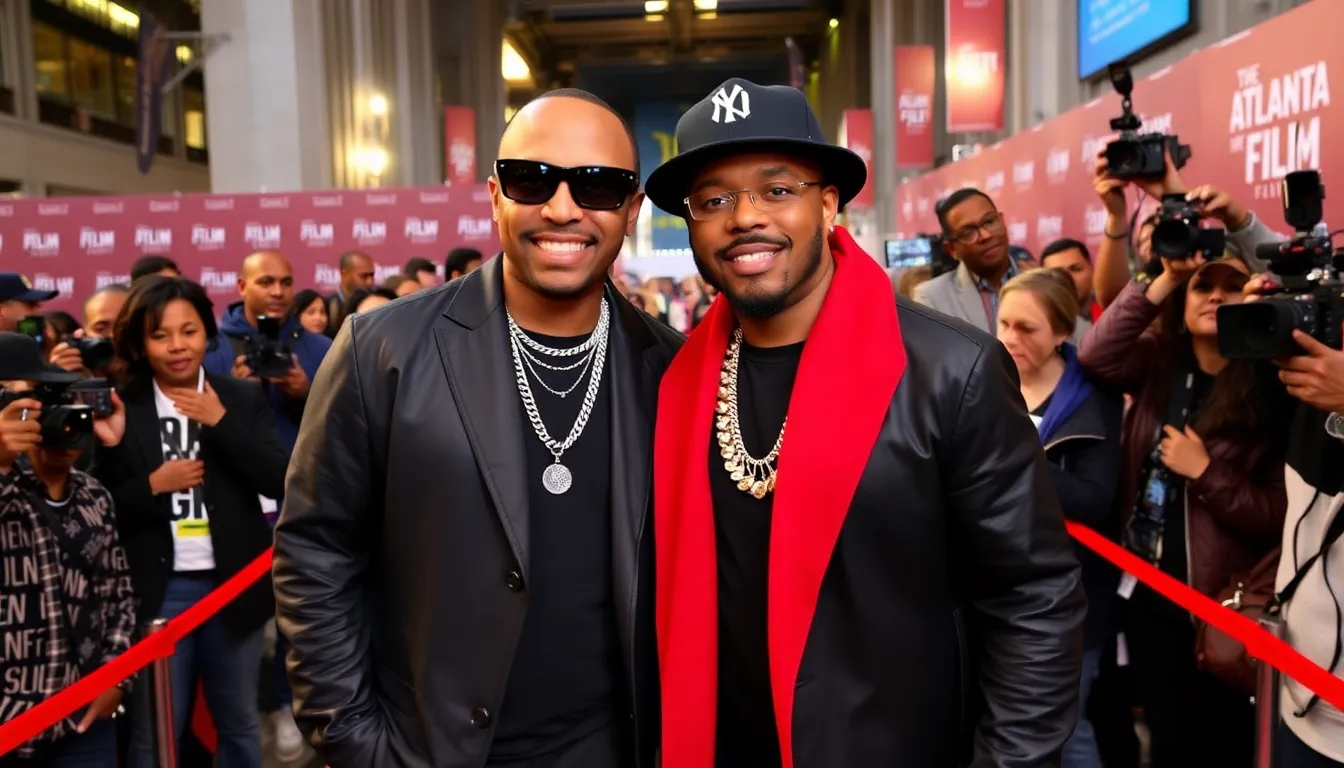 T.I. and Drumma Boy stand together on the red carpet at the Atlanta Film Festival, surrounded by fans and media as they celebrate the premiere of their documentary short film about trap music.