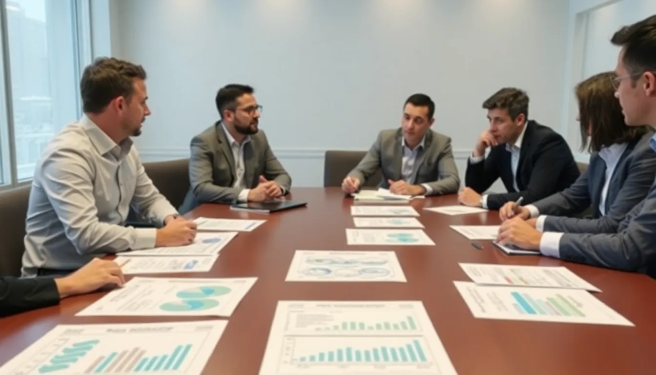 A group of investors discusses strategies in a conference room, with charts and documents related to TikTok's regulatory challenges displayed on the table.
