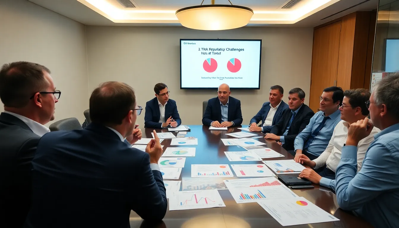 A meeting room filled with legal and financial advisors strategizing on how to navigate the proposed billion fee imposed on TikTok investors