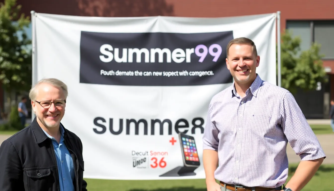 Todd Milliner and Paul Velten stand together at a press event, announcing the launch of their new marketing agency Summer98, while a banner featuring their debut campaign hangs in the background.